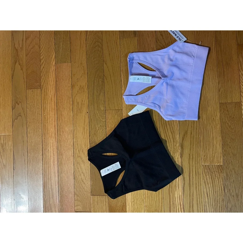 Old Navy Girls XS Go-Dry Seamless Sports Bra 2-Pk Black Purple‎ Ribbed Racerback